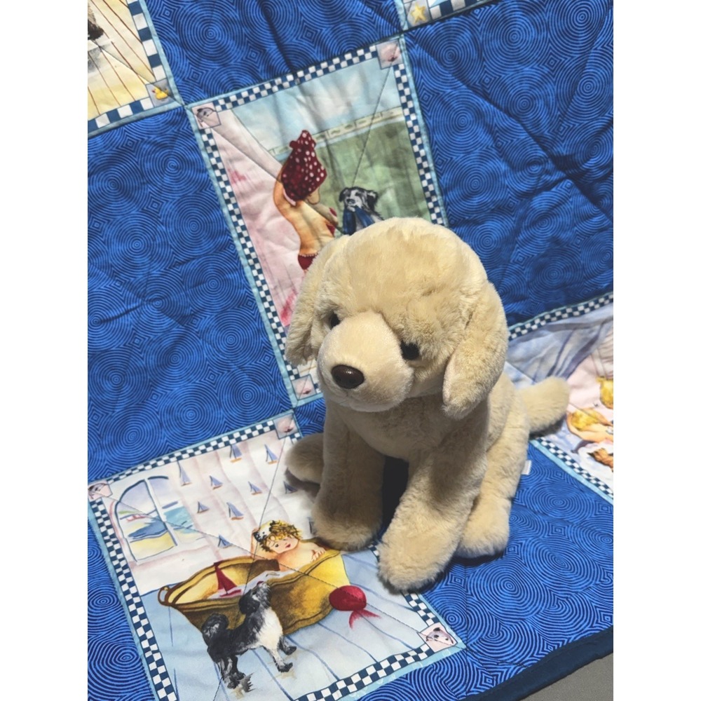 Handmade Baby Crib Quilt Blanket Blue Nursery + Plush Puppy Dog Toy Lot